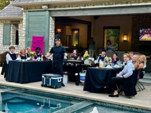 Private hibachi catering service with a chef preparing meals at a client's home, offering a unique dining experience