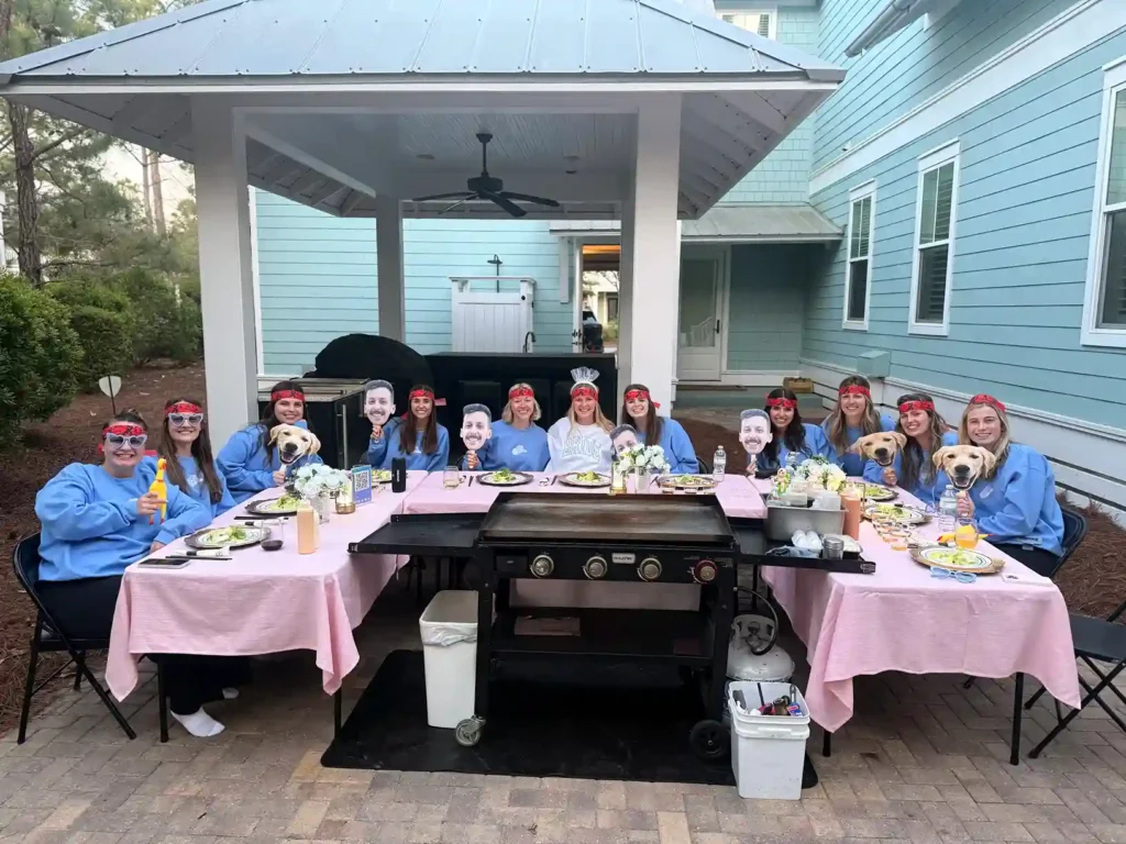 Private hibachi bachelorette dinner party setup by the beach in Inlet Beach, FL